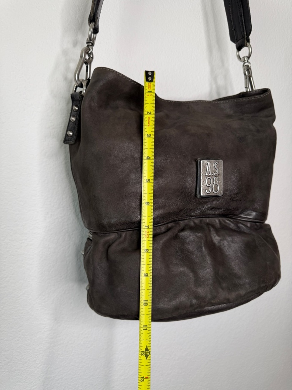 A.S.98 Studded Leather Bucket Bag Gray Brown Distressed Zipper Compartment - Picture 12 of 15